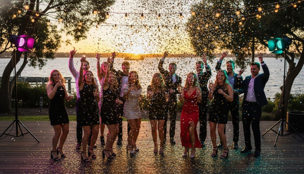 An ecstatic group of friends cheering at a vibrant Rippleside party photography capturing Geelong joy, with colourful balloons and dynamic lighting highlighting their joyous expressions near the Rippleside foreshore.