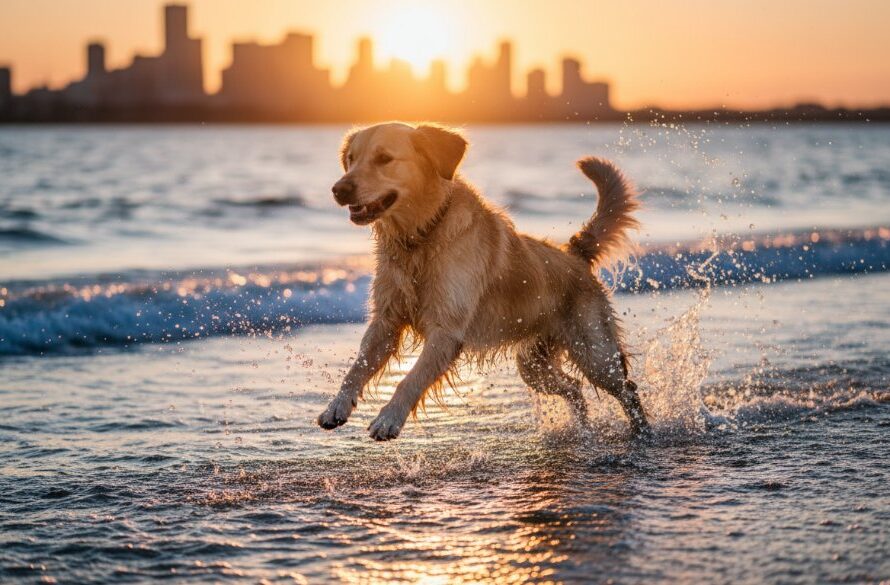 An exhilarating 'epic moment' photograph capturing a golden retriever mid-leap, joyfully splashing through shallow waves at sunset on the Rippleside foreshore, embodying Rippleside pet photography joyful beach dog portraits, with dynamic lighting and water spray.