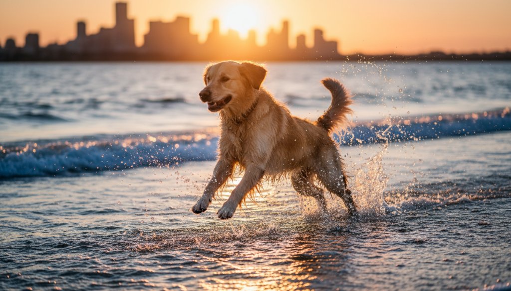 An exhilarating 'epic moment' photograph capturing a golden retriever mid-leap, joyfully splashing through shallow waves at sunset on the Rippleside foreshore, embodying Rippleside pet photography joyful beach dog portraits, with dynamic lighting and water spray.