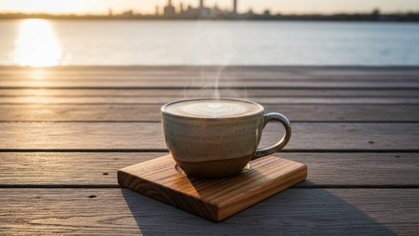 An epic moment captured: a perfectly lit, artisan-crafted ceramic mug, filled with frothing coffee, steaming gently on a rustic wooden table overlooking the calm waters of Corio Bay at Rippleside. The morning sun casts dramatic highlights on the mug, emphasizing its texture and warmth, embodying the essence of Rippleside product photography for local small businesses.