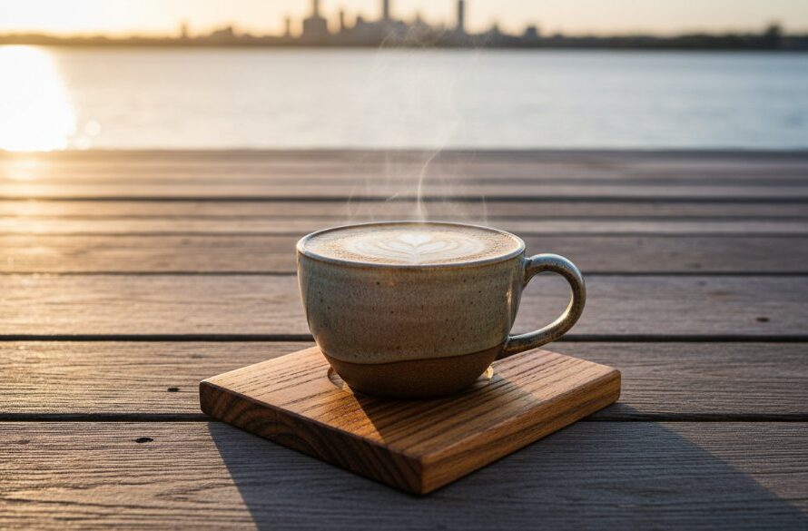 An epic moment captured: a perfectly lit, artisan-crafted ceramic mug, filled with frothing coffee, steaming gently on a rustic wooden table overlooking the calm waters of Corio Bay at Rippleside. The morning sun casts dramatic highlights on the mug, emphasizing its texture and warmth, embodying the essence of Rippleside product photography for local small businesses.