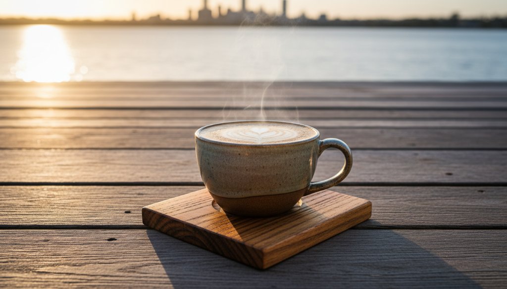 An epic moment captured: a perfectly lit, artisan-crafted ceramic mug, filled with frothing coffee, steaming gently on a rustic wooden table overlooking the calm waters of Corio Bay at Rippleside. The morning sun casts dramatic highlights on the mug, emphasizing its texture and warmth, embodying the essence of Rippleside product photography for local small businesses.