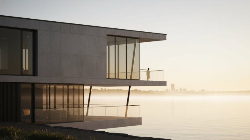 Dramatic shot capturing Rippleside Victoria architectural photography unique angles of a modern minimalist building at sunrise, with golden light reflecting off its sleek facade and the calm Corio Bay in the background.
