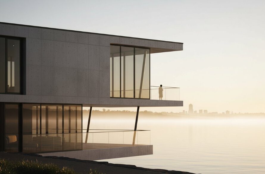 Dramatic shot capturing Rippleside Victoria architectural photography unique angles of a modern minimalist building at sunrise, with golden light reflecting off its sleek facade and the calm Corio Bay in the background.