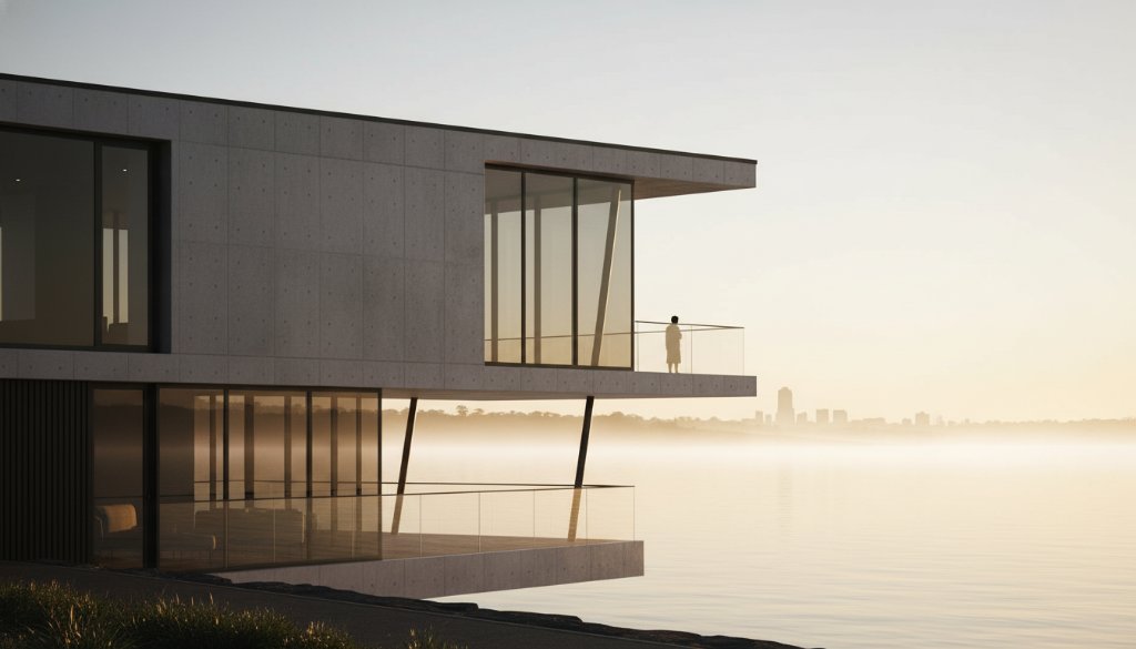Dramatic shot capturing Rippleside Victoria architectural photography unique angles of a modern minimalist building at sunrise, with golden light reflecting off its sleek facade and the calm Corio Bay in the background.