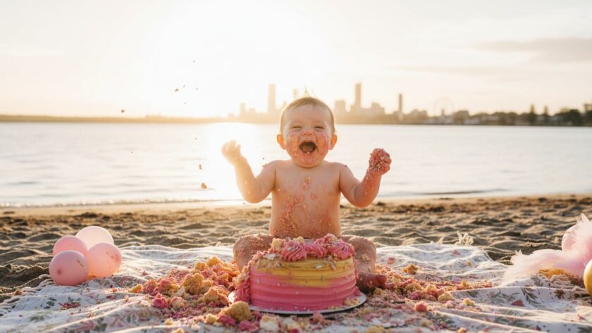 An adorable baby joyfully smashing a birthday cake outdoors on the Rippleside foreshore, creating precious Rippleside Victoria cake smash photography memories, with golden hour light silhouetting them against a beautiful Geelong waterfront backdrop.