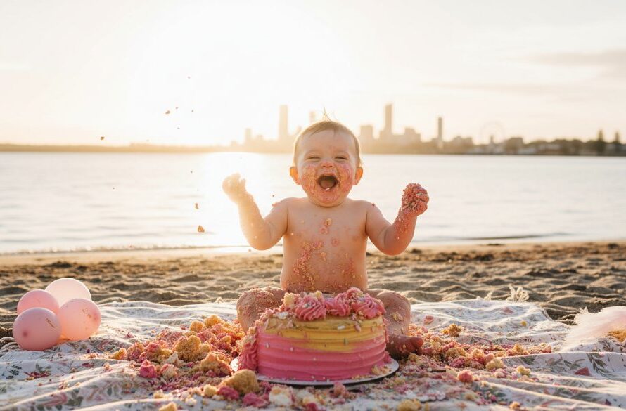 An adorable baby joyfully smashing a birthday cake outdoors on the Rippleside foreshore, creating precious Rippleside Victoria cake smash photography memories, with golden hour light silhouetting them against a beautiful Geelong waterfront backdrop.