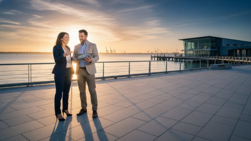 An 'epic moment' photograph showcasing the power of Rippleside Victoria professional commercial photography solutions: a dynamic wide shot of a local Rippleside architect presenting blueprints to clients on the Geelong waterfront at sunset, with dramatic golden hour lighting highlighting their collaboration and the stunning bay backdrop.