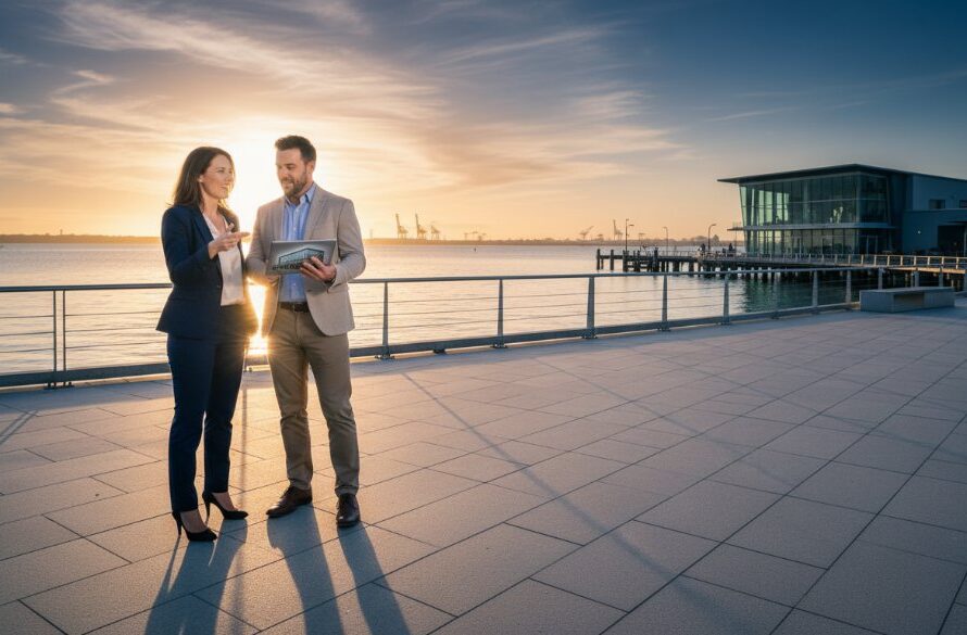 An 'epic moment' photograph showcasing the power of Rippleside Victoria professional commercial photography solutions: a dynamic wide shot of a local Rippleside architect presenting blueprints to clients on the Geelong waterfront at sunset, with dramatic golden hour lighting highlighting their collaboration and the stunning bay backdrop.