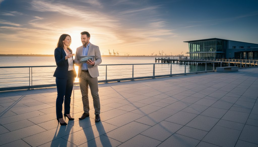 An 'epic moment' photograph showcasing the power of Rippleside Victoria professional commercial photography solutions: a dynamic wide shot of a local Rippleside architect presenting blueprints to clients on the Geelong waterfront at sunset, with dramatic golden hour lighting highlighting their collaboration and the stunning bay backdrop.
