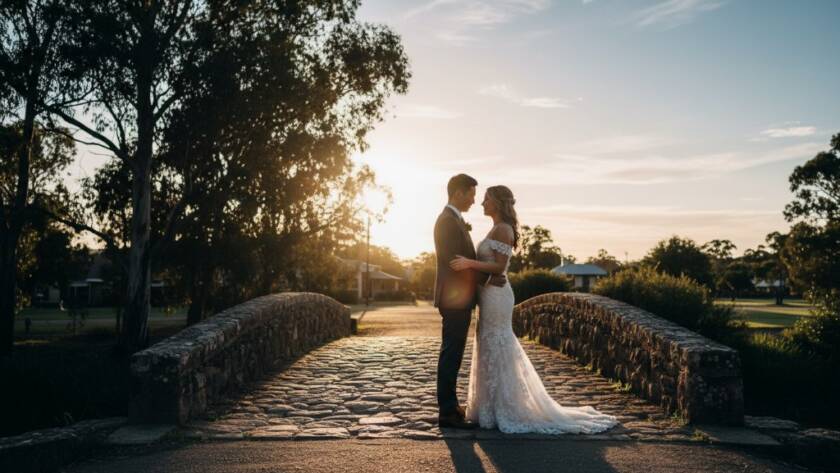 A dramatic and romantic Albion Victoria wedding photography moment featuring a couple silhouetted against a golden sunset, embracing on a rustic bridge, showcasing professional, cinematic lighting and vibrant colours.