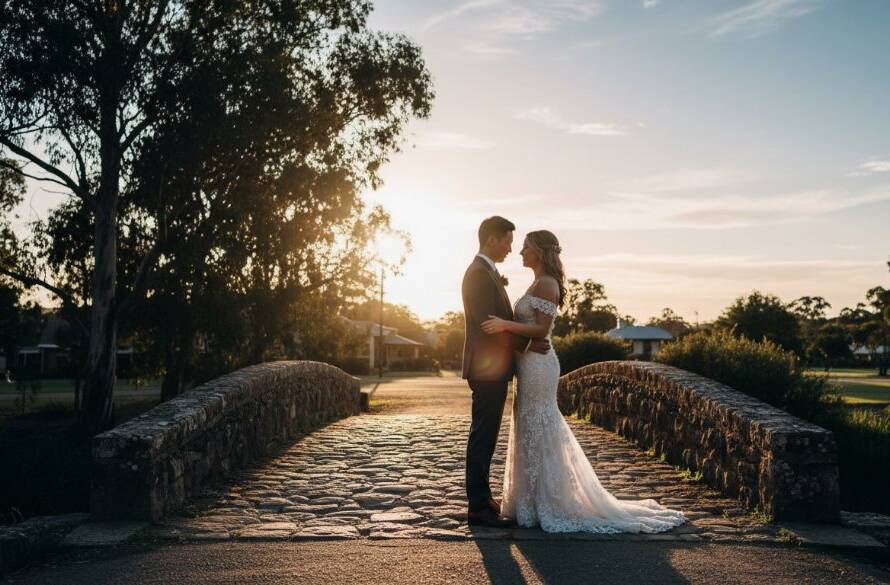 A dramatic and romantic Albion Victoria wedding photography moment featuring a couple silhouetted against a golden sunset, embracing on a rustic bridge, showcasing professional, cinematic lighting and vibrant colours.