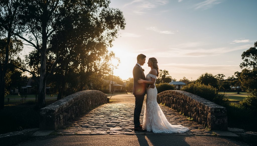 A dramatic and romantic Albion Victoria wedding photography moment featuring a couple silhouetted against a golden sunset, embracing on a rustic bridge, showcasing professional, cinematic lighting and vibrant colours.