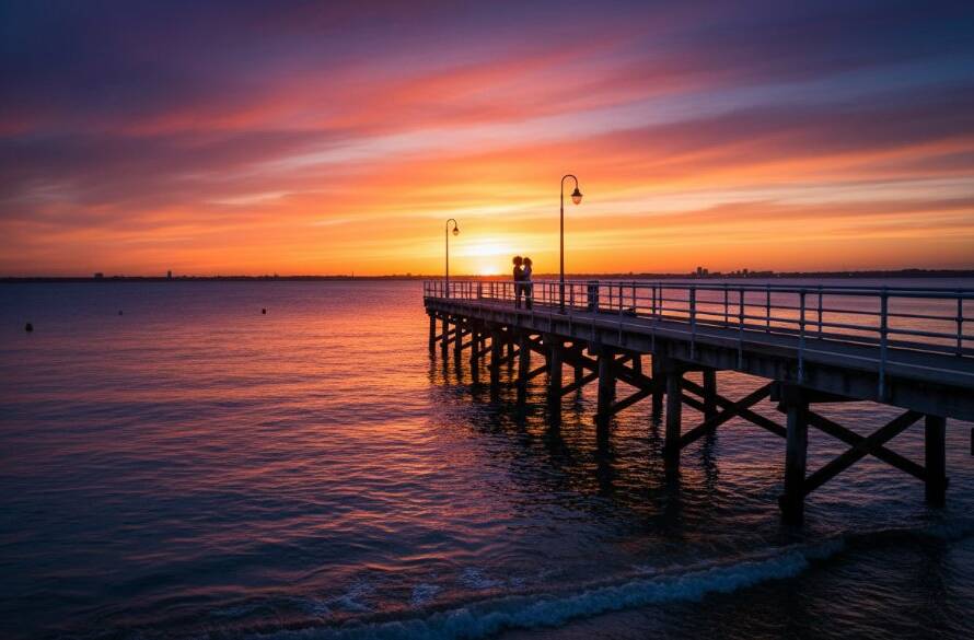 An epic moment captured during a romantic Altona Beach engagement photography session at sunset, featuring a couple embracing on the iconic Altona Pier with dramatic golden light reflecting on the water, showing their deep connection.