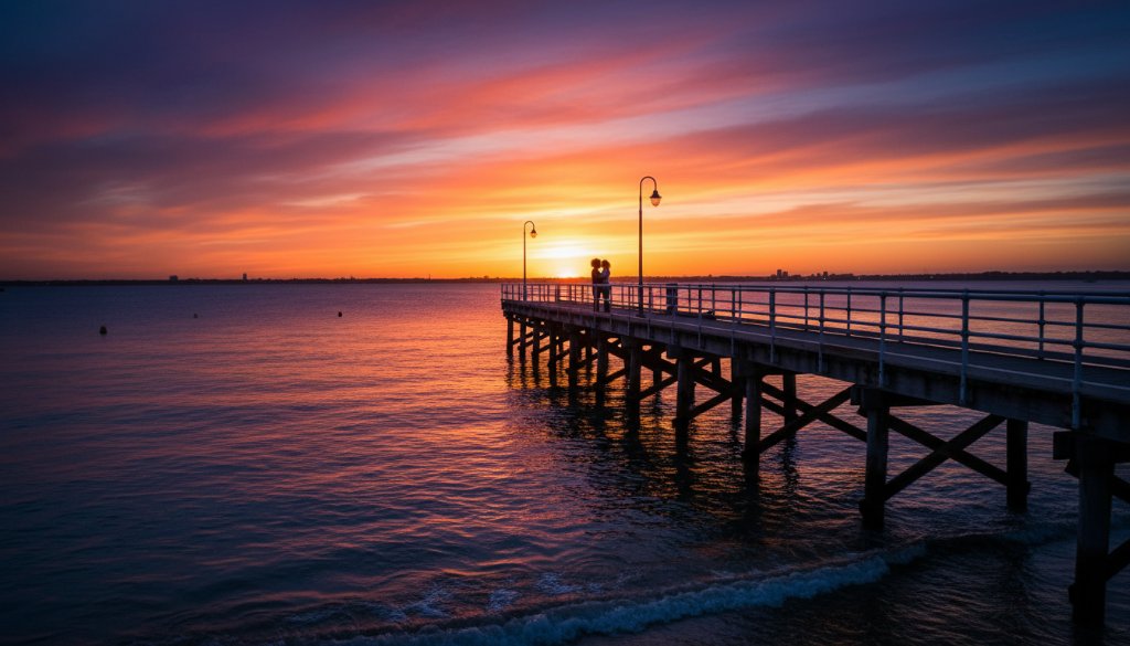 An epic moment captured during a romantic Altona Beach engagement photography session at sunset, featuring a couple embracing on the iconic Altona Pier with dramatic golden light reflecting on the water, showing their deep connection.