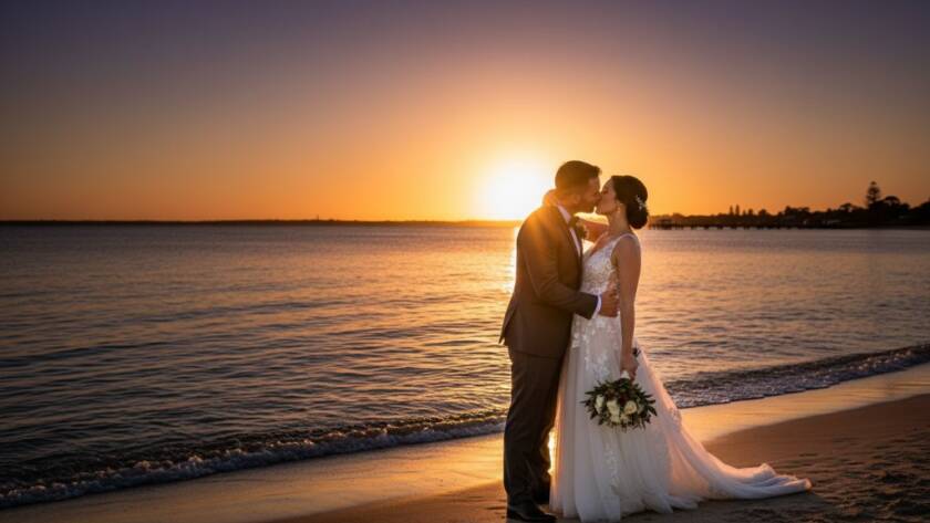 An 'epic moment' photograph of a newly married couple embracing during a 'Romantic Altona Meadows Wedding Photography Sunset' session, with the golden hour light silhouetting them against the serene bay, capturing their joy and love.