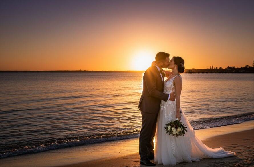An 'epic moment' photograph of a newly married couple embracing during a 'Romantic Altona Meadows Wedding Photography Sunset' session, with the golden hour light silhouetting them against the serene bay, capturing their joy and love.
