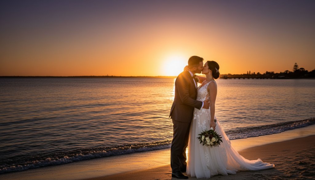 An 'epic moment' photograph of a newly married couple embracing during a 'Romantic Altona Meadows Wedding Photography Sunset' session, with the golden hour light silhouetting them against the serene bay, capturing their joy and love.