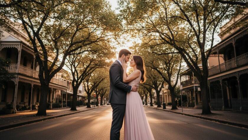 A romantic Armadale engagement photoshoot planning tips image, featuring a couple embracing passionately at sunset in a lush, historic Armadale garden, with dramatic golden light filtering through heritage architecture, captured with a cinematic, color-graded aesthetic.