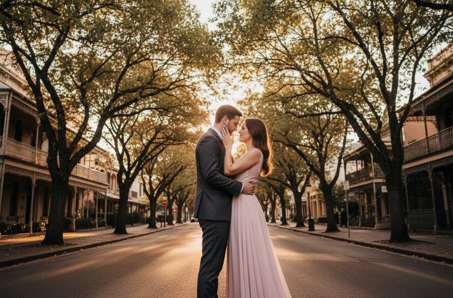 A romantic Armadale engagement photoshoot planning tips image, featuring a couple embracing passionately at sunset in a lush, historic Armadale garden, with dramatic golden light filtering through heritage architecture, captured with a cinematic, color-graded aesthetic.