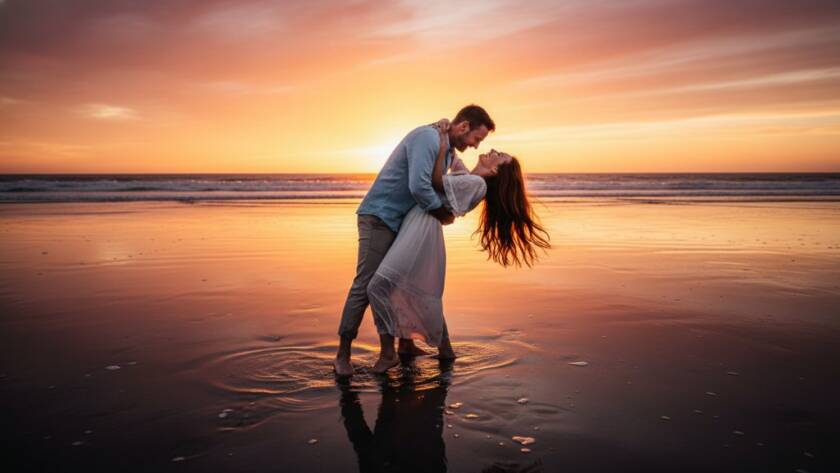 A couple embraces passionately on Aspendale beach at sunset, bathed in golden light, an epic moment from their romantic Aspendale beach engagement photos, showcasing the stunning coastal beauty of Victoria.