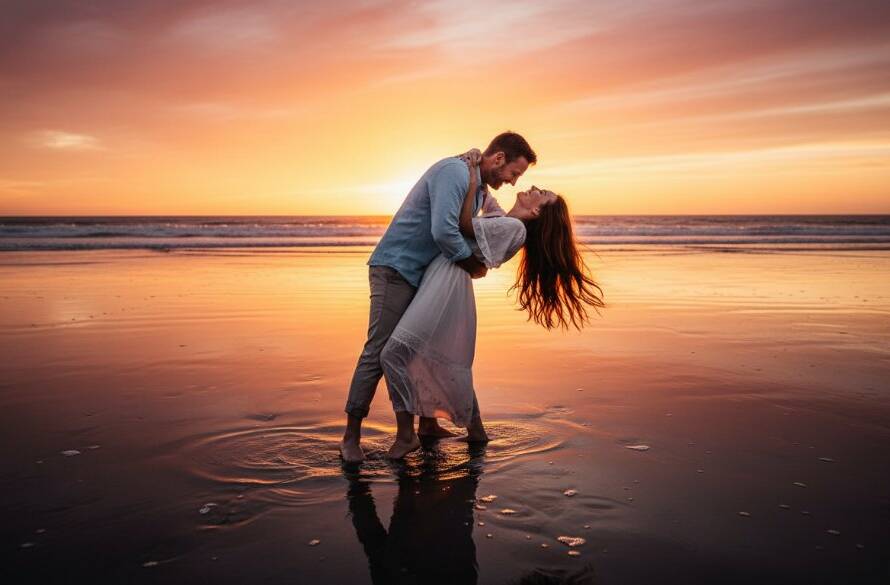 A couple embraces passionately on Aspendale beach at sunset, bathed in golden light, an epic moment from their romantic Aspendale beach engagement photos, showcasing the stunning coastal beauty of Victoria.