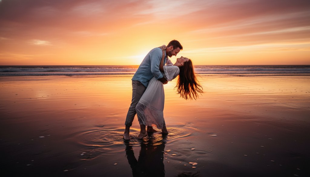 A couple embraces passionately on Aspendale beach at sunset, bathed in golden light, an epic moment from their romantic Aspendale beach engagement photos, showcasing the stunning coastal beauty of Victoria.