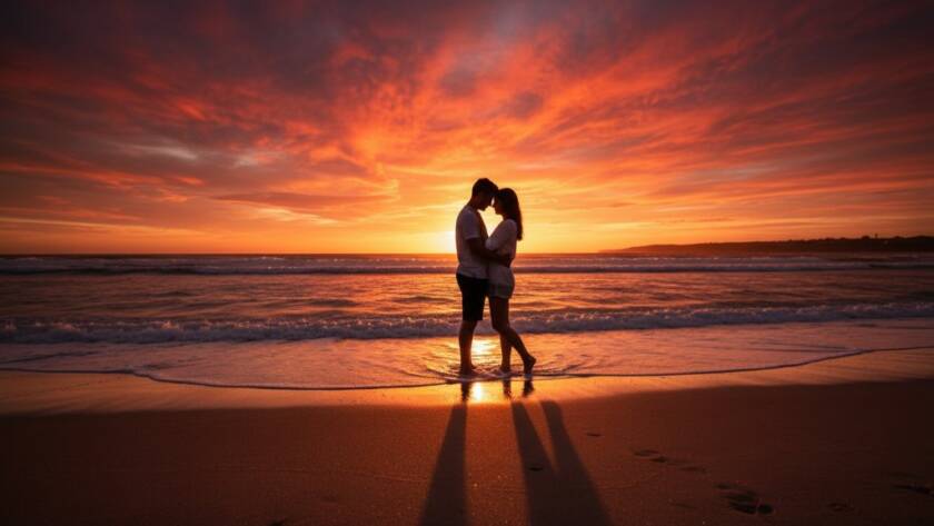 An emotionally charged wide shot of a couple embracing passionately at sunset on Aspendale Beach, showcasing the stunning golden hour light and the serene coastal backdrop, perfect for romantic Aspendale Beach pre-wedding photoshoots.