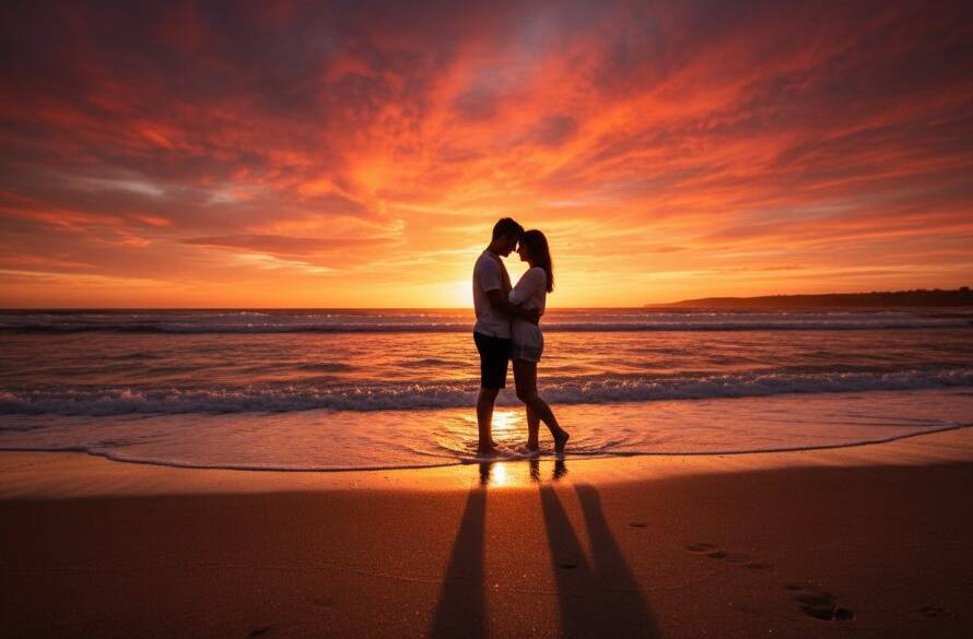 An emotionally charged wide shot of a couple embracing passionately at sunset on Aspendale Beach, showcasing the stunning golden hour light and the serene coastal backdrop, perfect for romantic Aspendale Beach pre-wedding photoshoots.