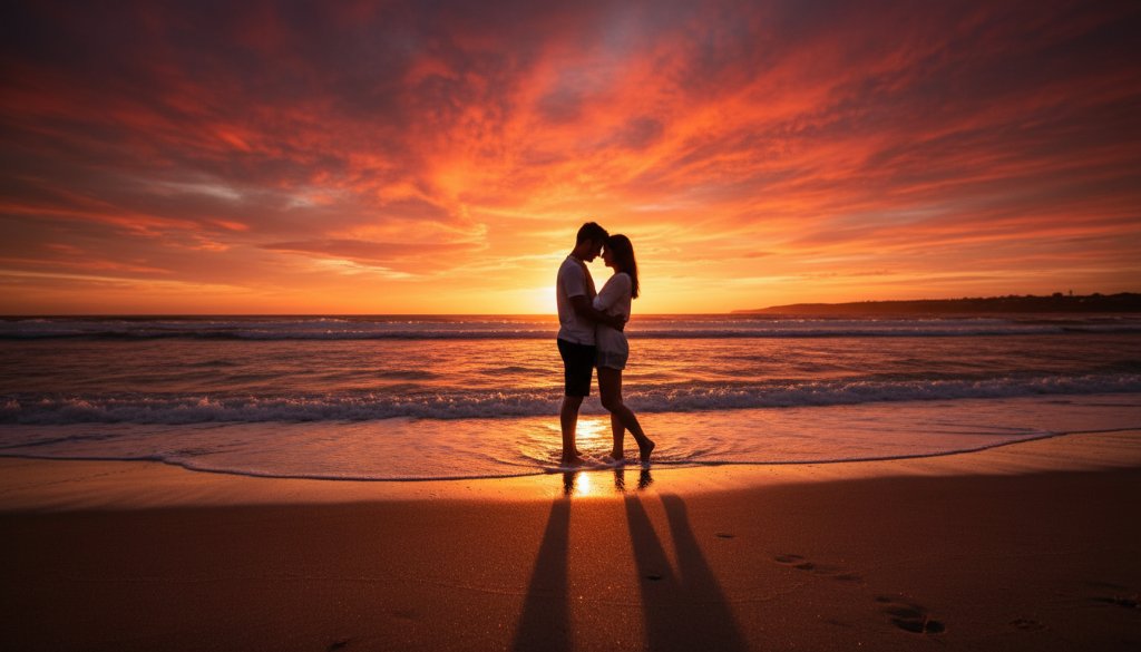 An emotionally charged wide shot of a couple embracing passionately at sunset on Aspendale Beach, showcasing the stunning golden hour light and the serene coastal backdrop, perfect for romantic Aspendale Beach pre-wedding photoshoots.