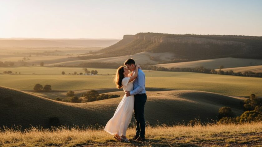 An epic moment captured during romantic Bacchus Marsh engagement photography, featuring a couple embracing passionately at sunset over a golden field with the rolling hills of Victoria in the background, professional cinematic lighting.