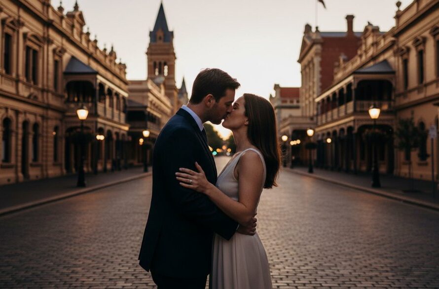 A newly engaged couple sharing a tender kiss at sunset, silhouetted against the grand, historic architecture of Ballarat Central, Victoria, captured with dramatic flair, epitomising romantic Ballarat Central engagement photography with historic backdrop.