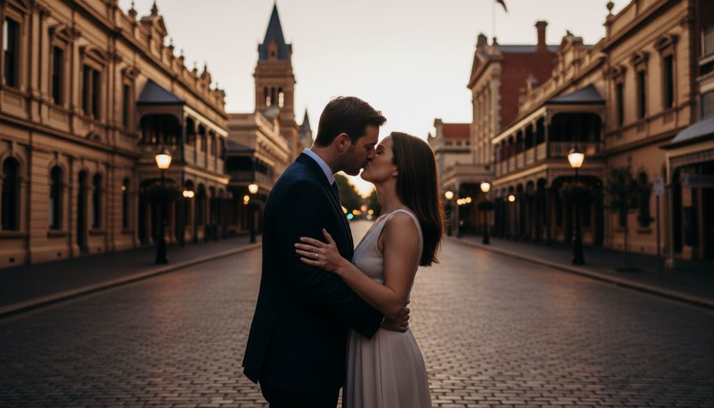 A newly engaged couple sharing a tender kiss at sunset, silhouetted against the grand, historic architecture of Ballarat Central, Victoria, captured with dramatic flair, epitomising romantic Ballarat Central engagement photography with historic backdrop.