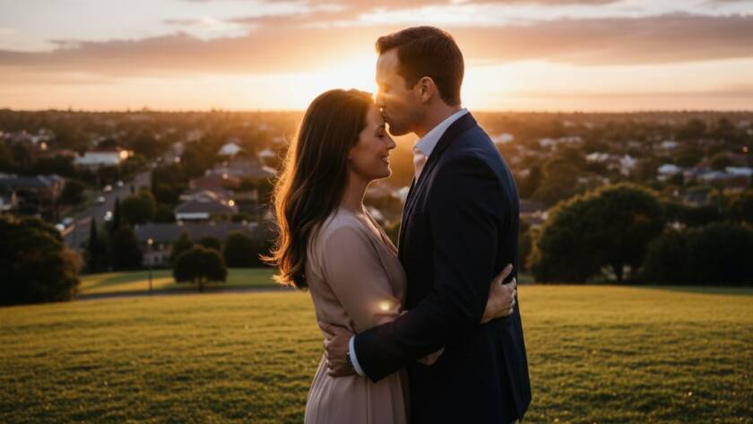 A newly engaged couple sharing a passionate kiss under the soft, golden light of sunset in a beautiful Balwyn North park, showcasing romantic Balwyn North engagement photography Victoria, with the city skyline subtly blurred in the background, creating an epic, cinematic moment.