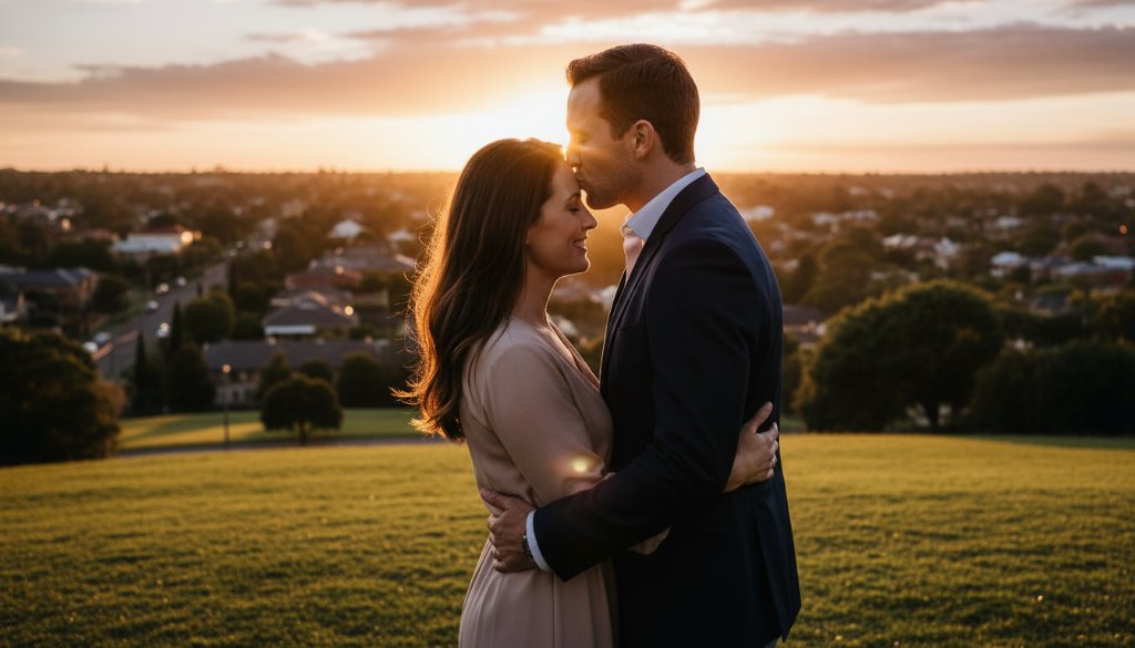 A newly engaged couple sharing a passionate kiss under the soft, golden light of sunset in a beautiful Balwyn North park, showcasing romantic Balwyn North engagement photography Victoria, with the city skyline subtly blurred in the background, creating an epic, cinematic moment.