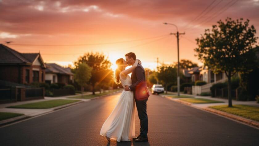 A couple sharing a tender, joyful moment during their romantic Balwyn North pre-wedding photography session at sunset, with dramatic golden hour light filtering through lush trees, showcasing their natural connection in an epic, professionally color-graded wide shot.