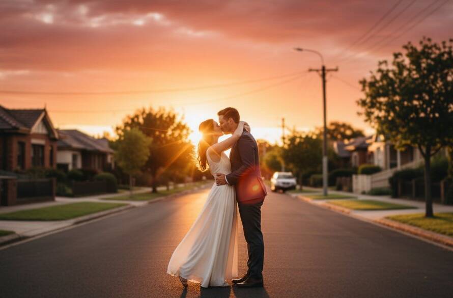 A couple sharing a tender, joyful moment during their romantic Balwyn North pre-wedding photography session at sunset, with dramatic golden hour light filtering through lush trees, showcasing their natural connection in an epic, professionally color-graded wide shot.