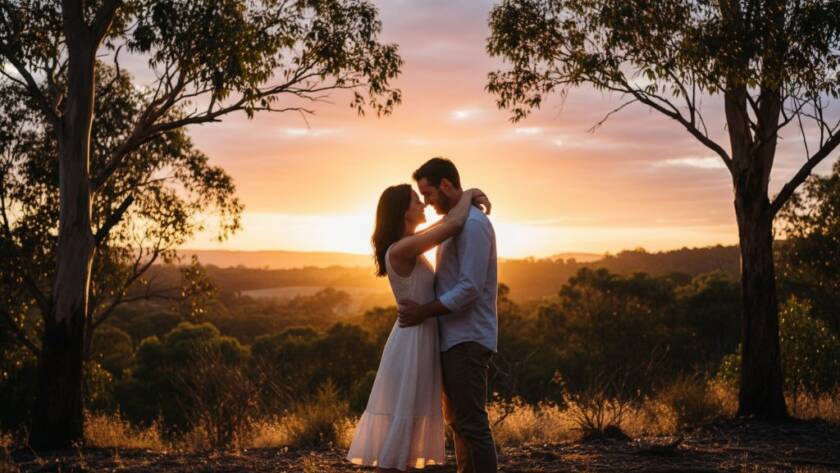 A stunning, cinematic 'epic moment' photograph of a couple embracing amidst the natural beauty of Bayswater North, Victoria, with dramatic golden hour lighting highlighting their joyful expressions and the lush Australian bushland in the background, showcasing romantic Bayswater North engagement photography.