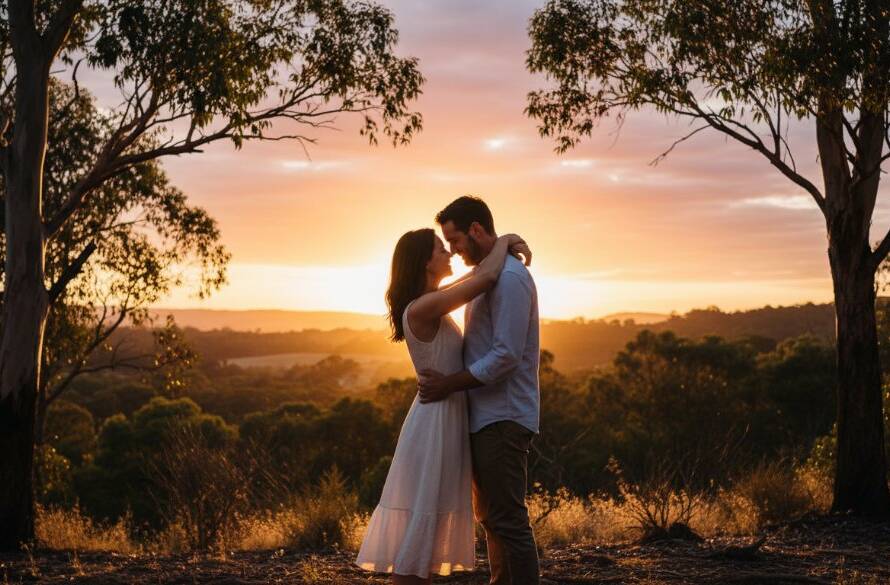 A stunning, cinematic 'epic moment' photograph of a couple embracing amidst the natural beauty of Bayswater North, Victoria, with dramatic golden hour lighting highlighting their joyful expressions and the lush Australian bushland in the background, showcasing romantic Bayswater North engagement photography.