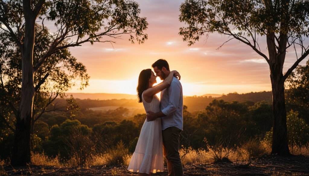 A stunning, cinematic 'epic moment' photograph of a couple embracing amidst the natural beauty of Bayswater North, Victoria, with dramatic golden hour lighting highlighting their joyful expressions and the lush Australian bushland in the background, showcasing romantic Bayswater North engagement photography.
