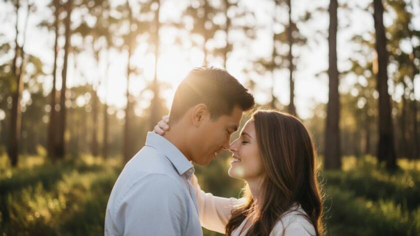 A couple sharing a tender, joyful moment during their romantic Bayswater North engagement photos inspiration shoot, bathed in golden hour light amidst lush parkland, professionally captured.