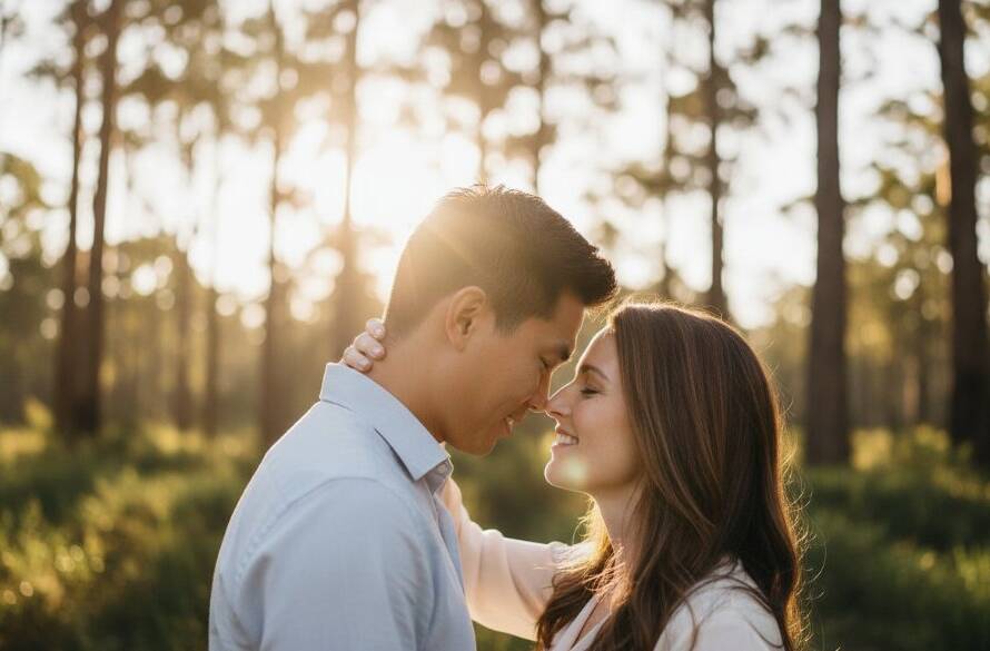 A couple sharing a tender, joyful moment during their romantic Bayswater North engagement photos inspiration shoot, bathed in golden hour light amidst lush parkland, professionally captured.