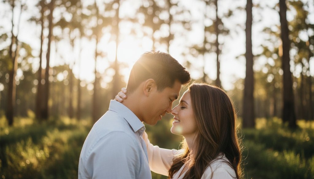 A couple sharing a tender, joyful moment during their romantic Bayswater North engagement photos inspiration shoot, bathed in golden hour light amidst lush parkland, professionally captured.