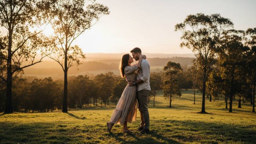 Epic wide shot of a couple embracing passionately at sunset in one of the romantic Bayswater North pre-wedding photoshoot locations, featuring soft golden light, lush greenery, and distant Dandenong Ranges hills.