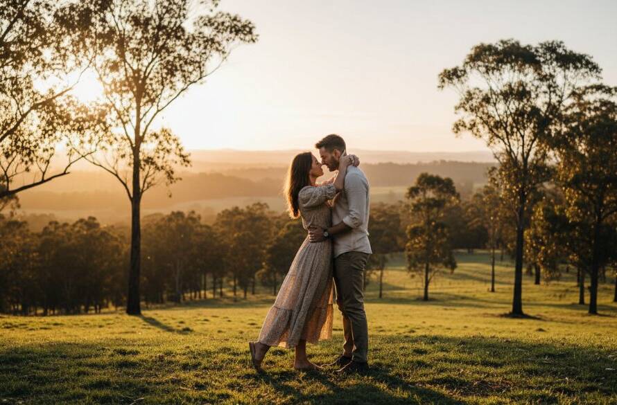 Epic wide shot of a couple embracing passionately at sunset in one of the romantic Bayswater North pre-wedding photoshoot locations, featuring soft golden light, lush greenery, and distant Dandenong Ranges hills.