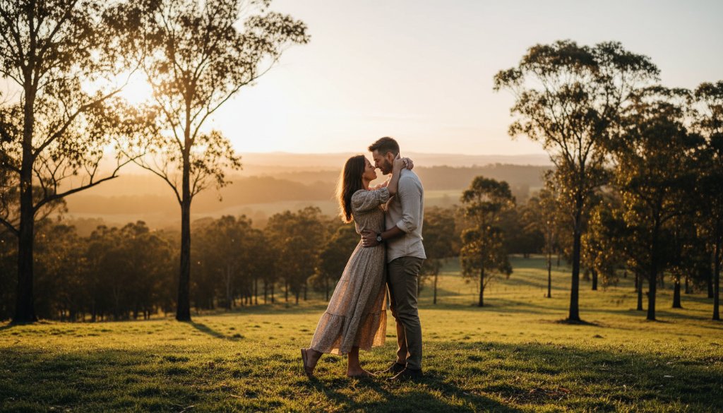 Epic wide shot of a couple embracing passionately at sunset in one of the romantic Bayswater North pre-wedding photoshoot locations, featuring soft golden light, lush greenery, and distant Dandenong Ranges hills.