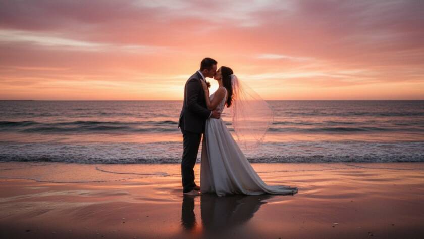 A newlywed couple embracing passionately against a dramatic sunset backdrop, their silhouettes framed by the gentle waves of Werribee South beach, capturing the essence of romantic beachfront wedding photos Werribee South with stunning golden hour lighting.