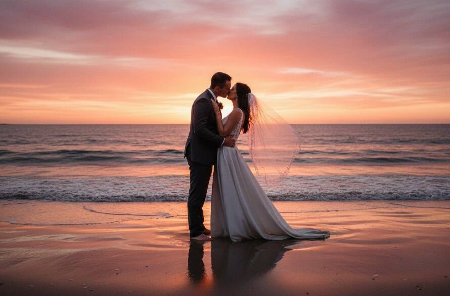 A newlywed couple embracing passionately against a dramatic sunset backdrop, their silhouettes framed by the gentle waves of Werribee South beach, capturing the essence of romantic beachfront wedding photos Werribee South with stunning golden hour lighting.