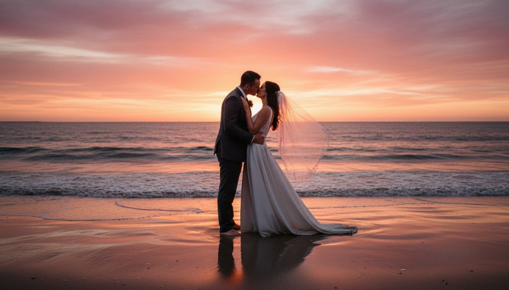 A newlywed couple embracing passionately against a dramatic sunset backdrop, their silhouettes framed by the gentle waves of Werribee South beach, capturing the essence of romantic beachfront wedding photos Werribee South with stunning golden hour lighting.