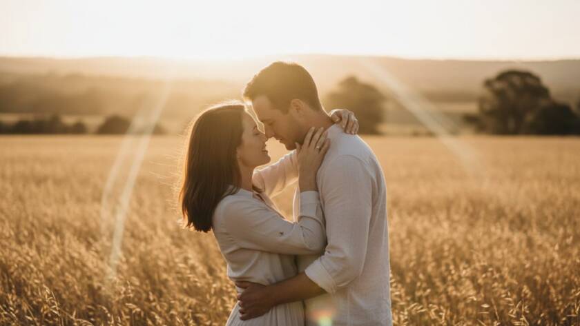 An epic moment captured: A young couple embraces passionately amidst the golden hour glow in a picturesque Beaconsfield open field, showcasing romantic Beaconsfield engagement photography unique locations with dramatic, cinematic lighting and professional color grading.